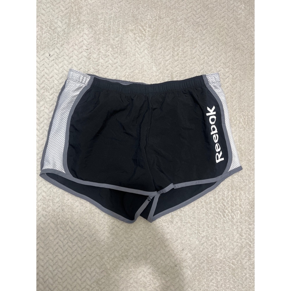 Reebok Womens Running Shorts Black Grey Mesh Side Trim Athletic Gym Size L